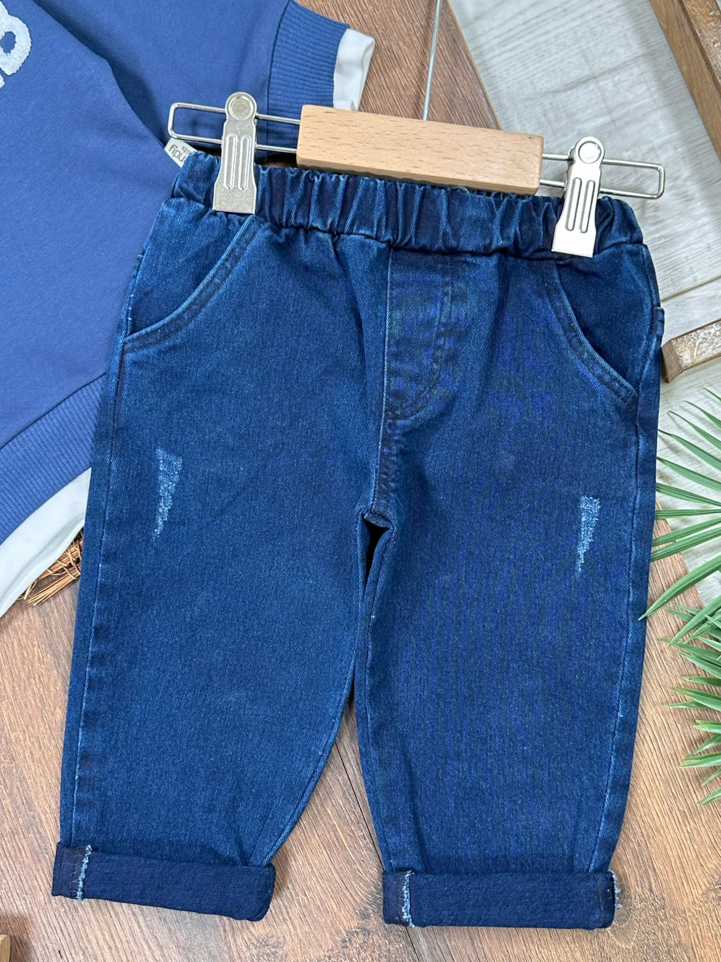 Likralı Kot Pantolon Çift Taraflı Şapka NakışlıSweatshirt 3lü  Takım