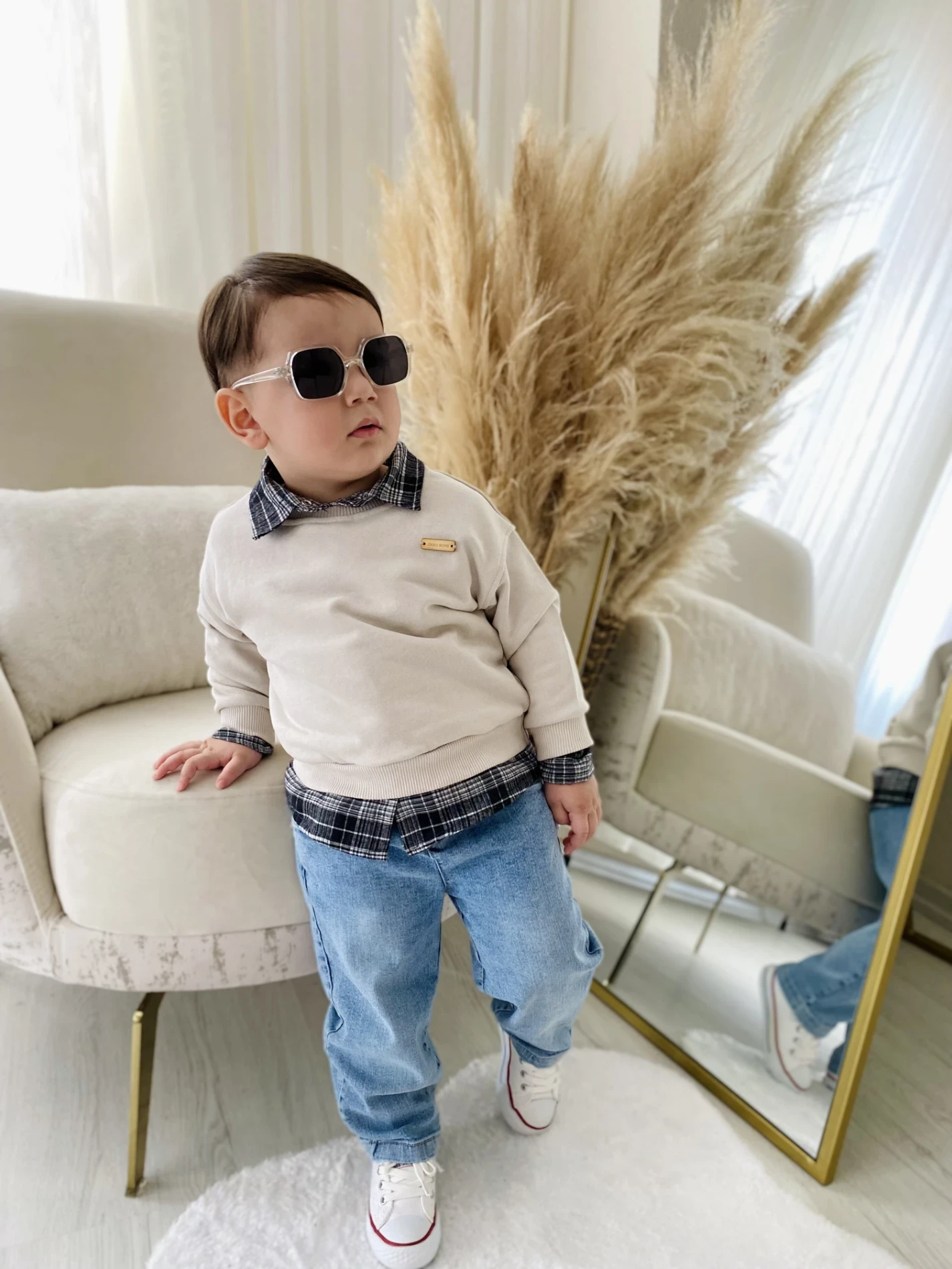 Premium Kalite Erkek Bebek Gömlek Sweatshirt Ve Kot Pantolon 3'Lü Takım 