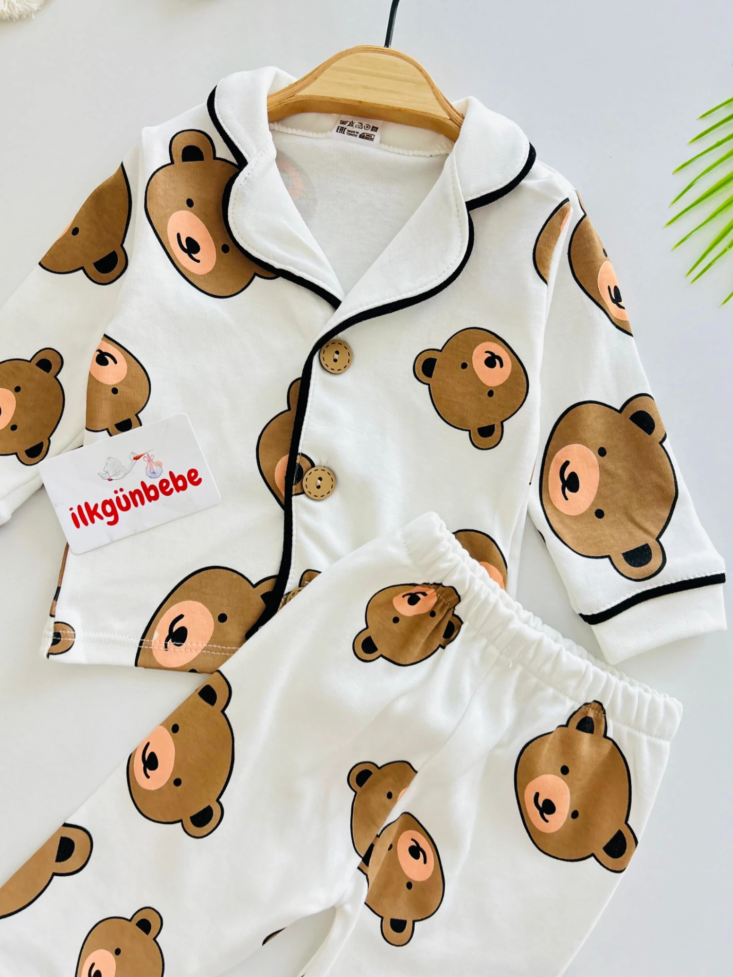 Bear Baskılı %100 Pamuk Yumuşaçık Kumaş Bebe Yakalı Pijama Takımı