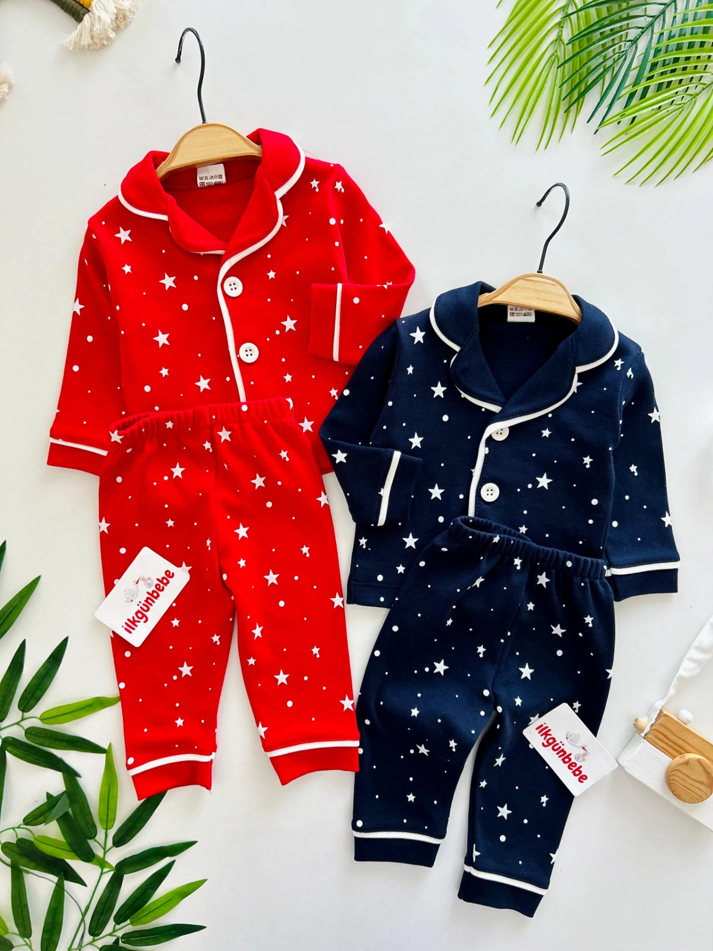Yıldız Temalı %100 Pamuk Bebe Yakalı Pijama Takımı