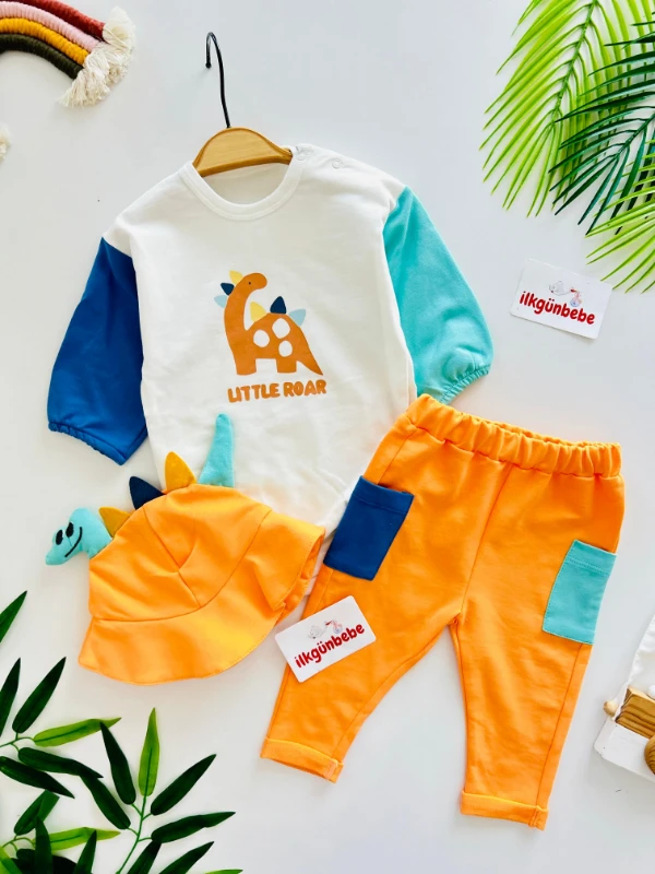 Dino Şapkalı 3’lü Mevsimlik %100 Pamuk Takım