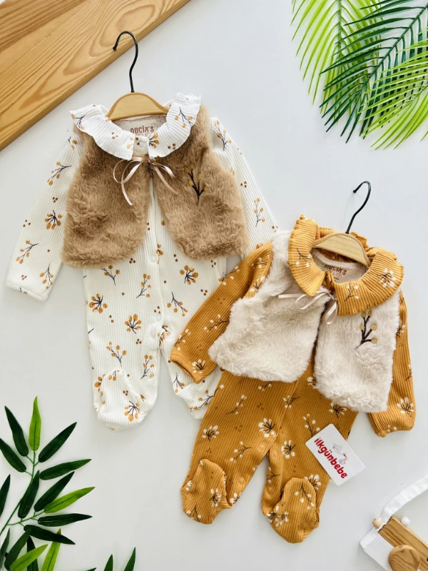 Peluş Kürk Yelekli Fitilli Esnek Kumaş Tulum Set