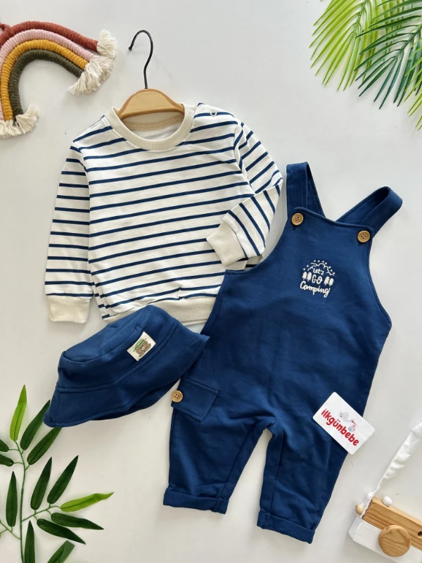 Safari Camping Bucket Şapkalı Çizgili  Sweatli Salopetli 3’lü Tarz Takım