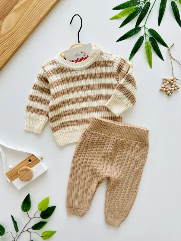 Selanik Örgüsü Çizgili Desenli Kazaklı Örme Triko Altlı 2’li Premium Kalite Unitex Takım