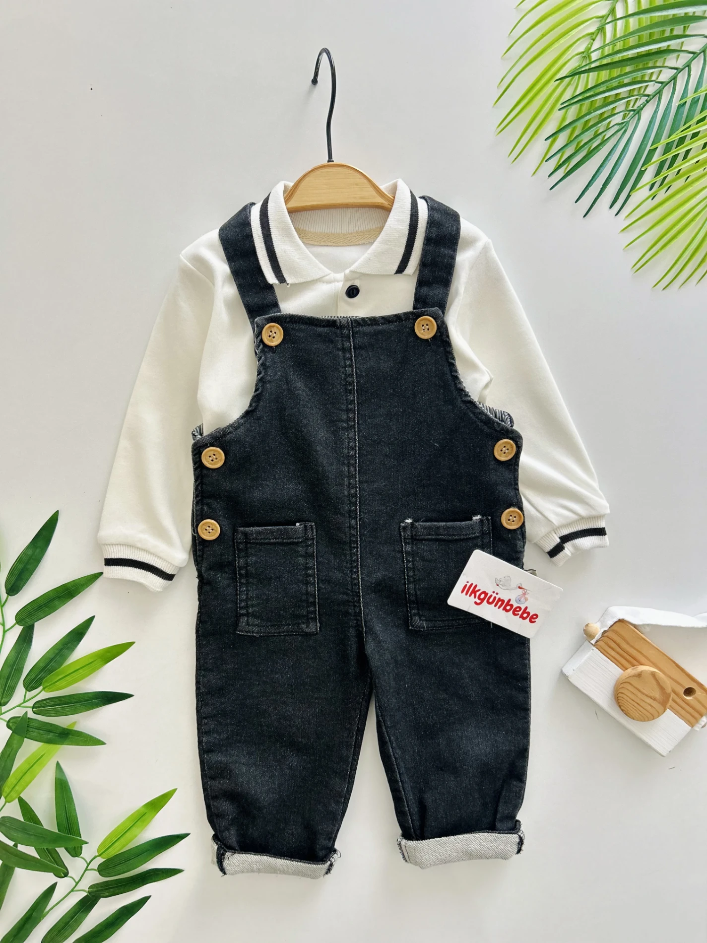 Polo Yaka Sweatshirt Kot Likralı Salopetli 2’li Takım