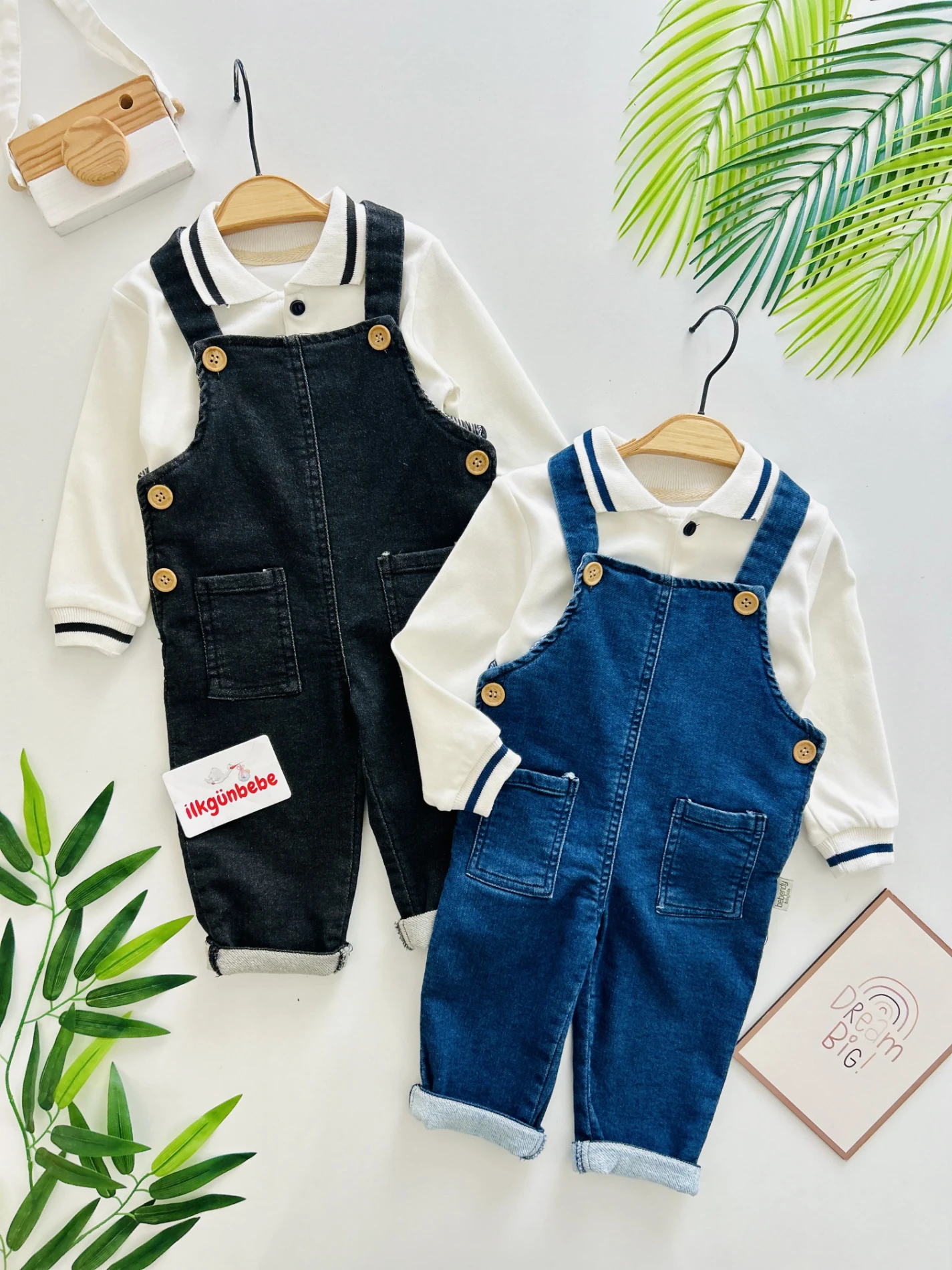 Polo Yaka Sweatshirt Kot Likralı Salopetli 2’li Takım