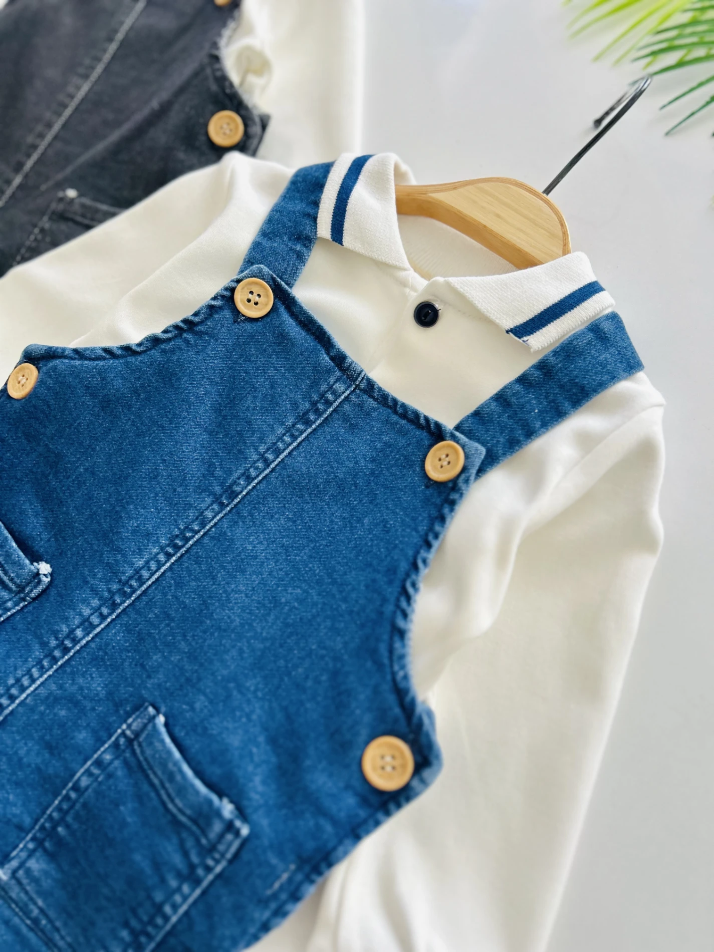 Polo Yaka Sweatshirt Kot Likralı Salopetli 2’li Takım