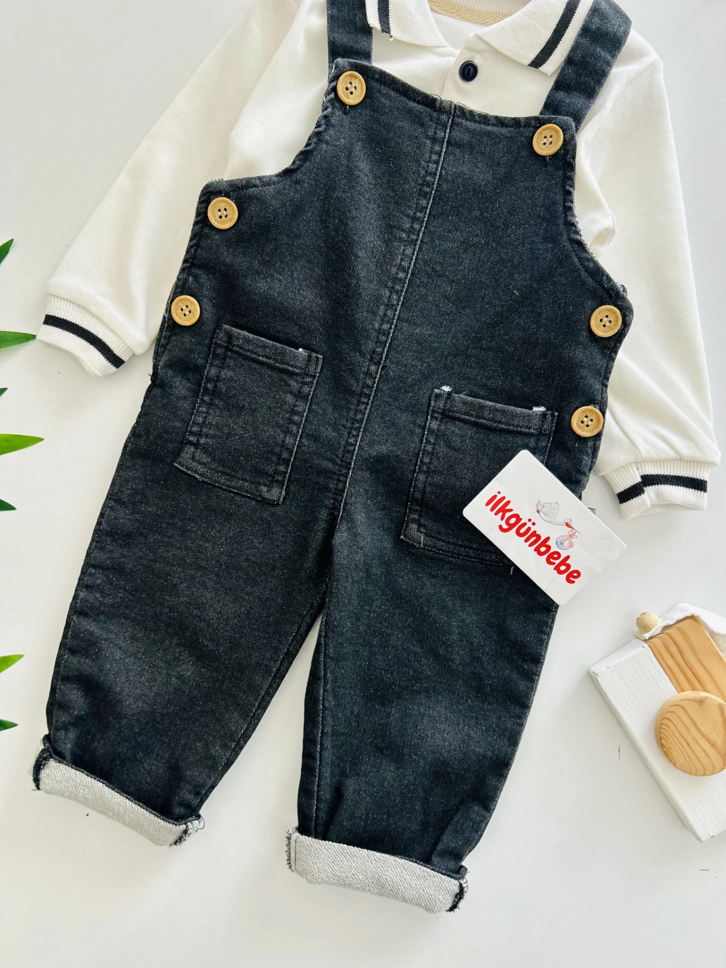 Polo Yaka Sweatshirt Kot Likralı Salopetli 2’li Takım