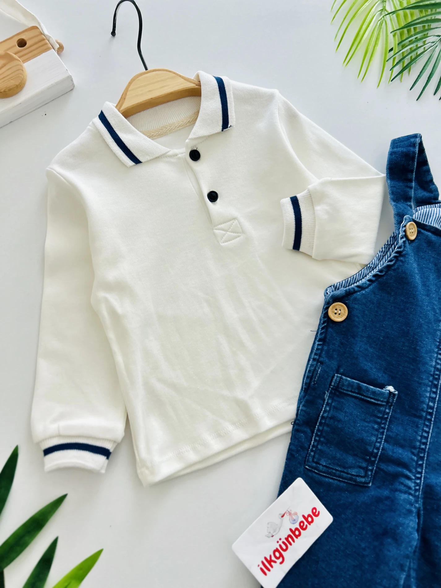 Polo Yaka Sweatshirt Kot Likralı Salopetli 2’li Takım