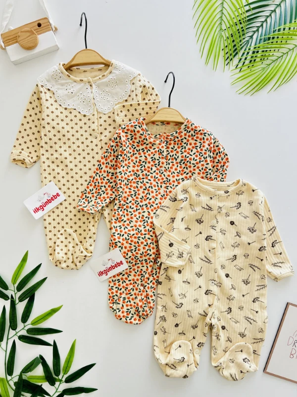 Fisto Yaka Çiçek Detaylı %100 Pamuk 3’lü Tulum Set