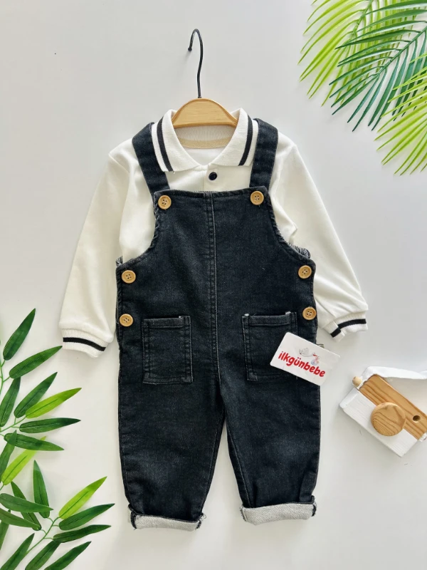 Polo Yaka Sweatshirt Kot Likralı Salopetli 2’li Takım