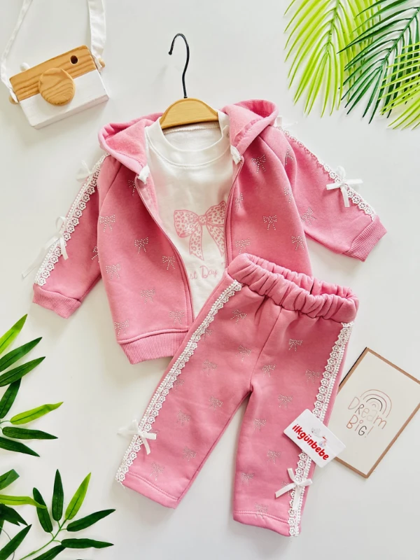 Taşlı Kurdale Desenli Fiyonklu Premium Kalite 3 İp Şardonlu 3’lü Özel Koleksiyon Takım