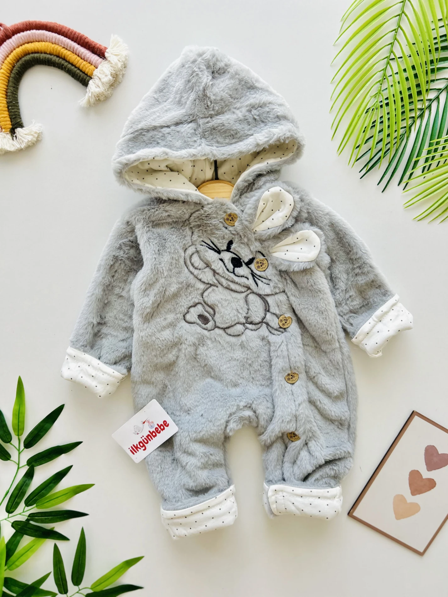 Tavşan Fiğürlü Kışlık Peluş Kız/Erkek Bebek Tulum