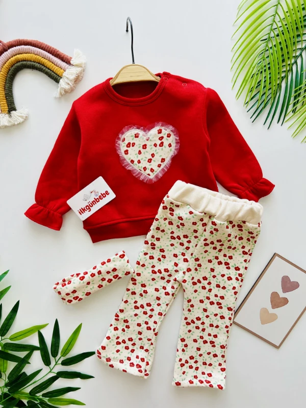 Kalp Desenli 3 İp Şardonlu Kışlık Bandanalı Takım