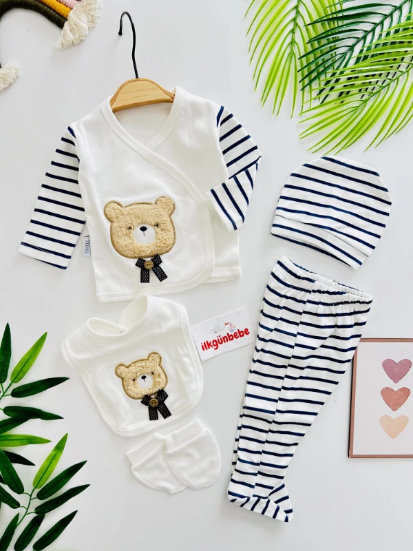 Teddy Desenli %100 Pamuk 5 Parça Yenidoğan Set