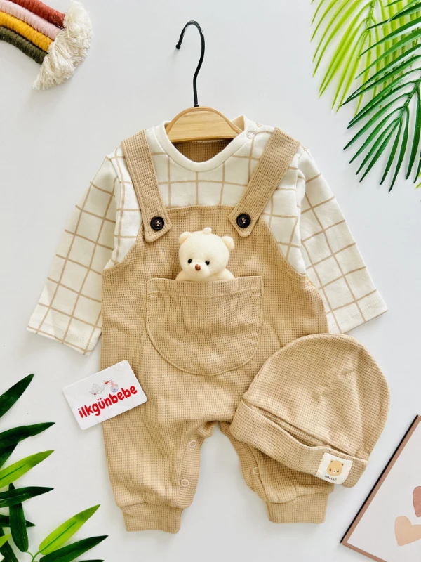 Oyuncak Ayıcıklı Çizgili Badili Şapkalı Waffle Kumaş Mevsimlik Takım