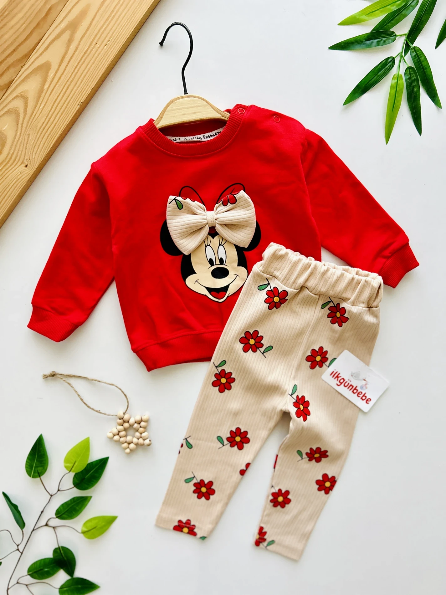 Minnie Mouse Fiyonk Detaylı %100 Pamuk Esnek Kumaş Taytlı 2’li Takım