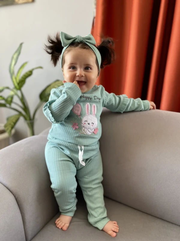 Happy Day Tavşan Baskılı Ribanalı İp Bağlamalı 2’li Takım