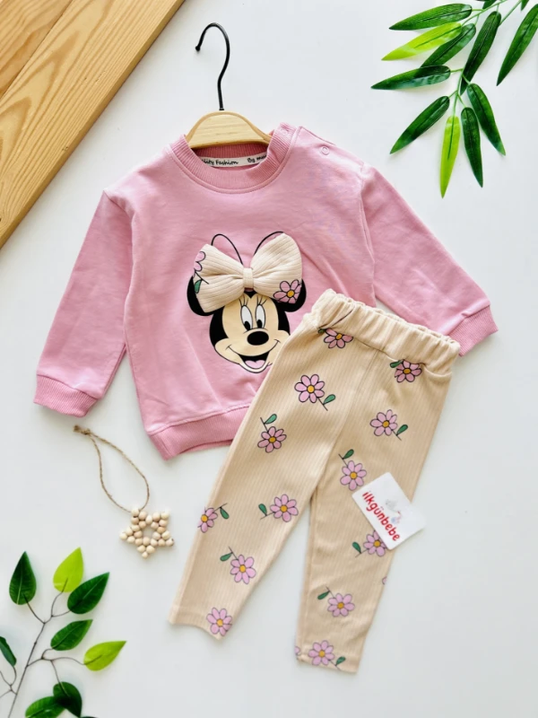Minnie Mouse Fiyonk Detaylı %100 Pamuk Esnek Kumaş Taytlı 2’li Takım