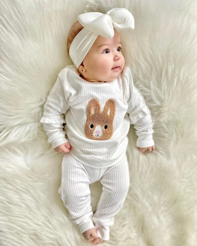 Petek Dokulu Tavşan Kolları Fırfırlı Unisex Pamuk 2'li Takım 