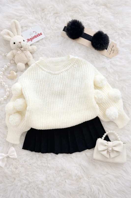 Selanik Örgüsü Kumaşlı Ponpon  Detaylı Triko Etekli 3’lü Takım