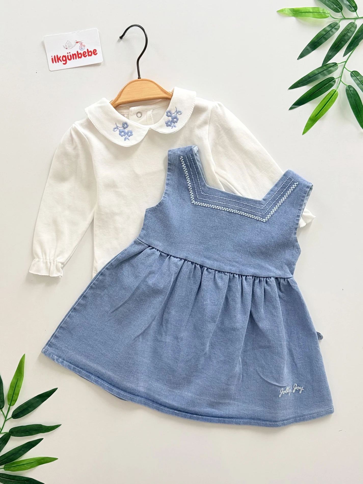 Çiçek Nakış Detaylı Kot Elbise & Body