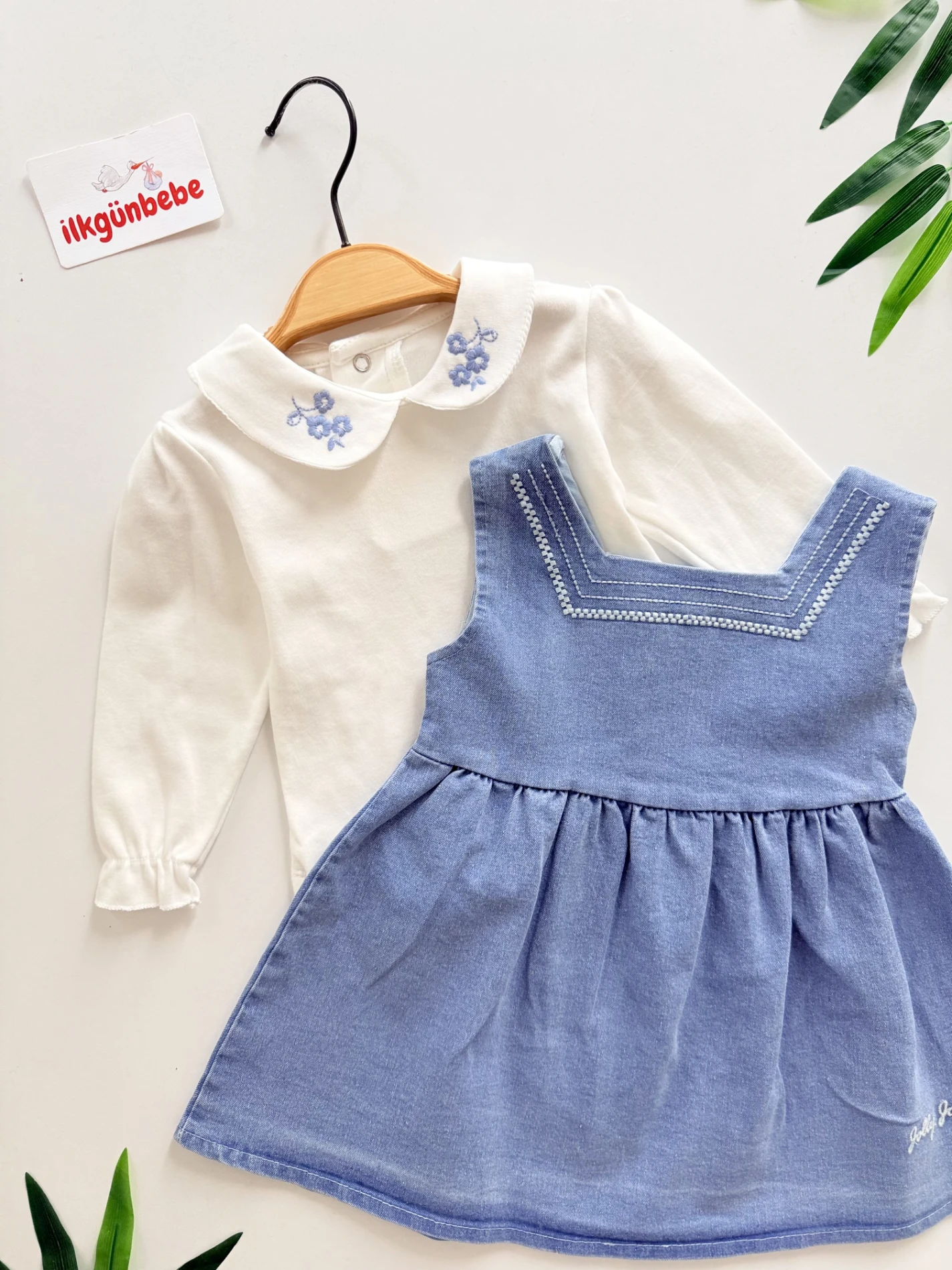 Çiçek Nakış Detaylı Kot Elbise & Body