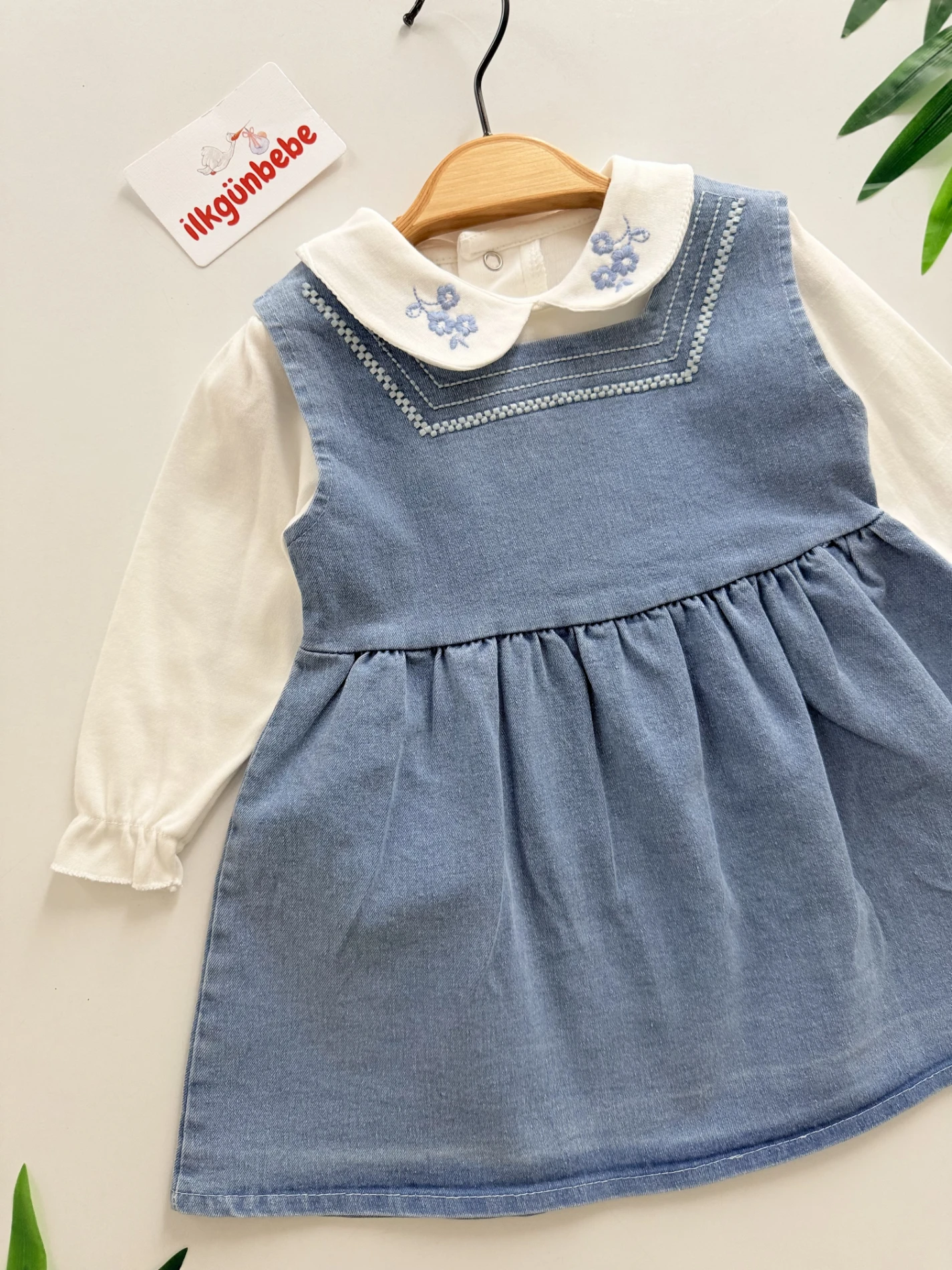 Çiçek Nakış Detaylı Kot Elbise & Body