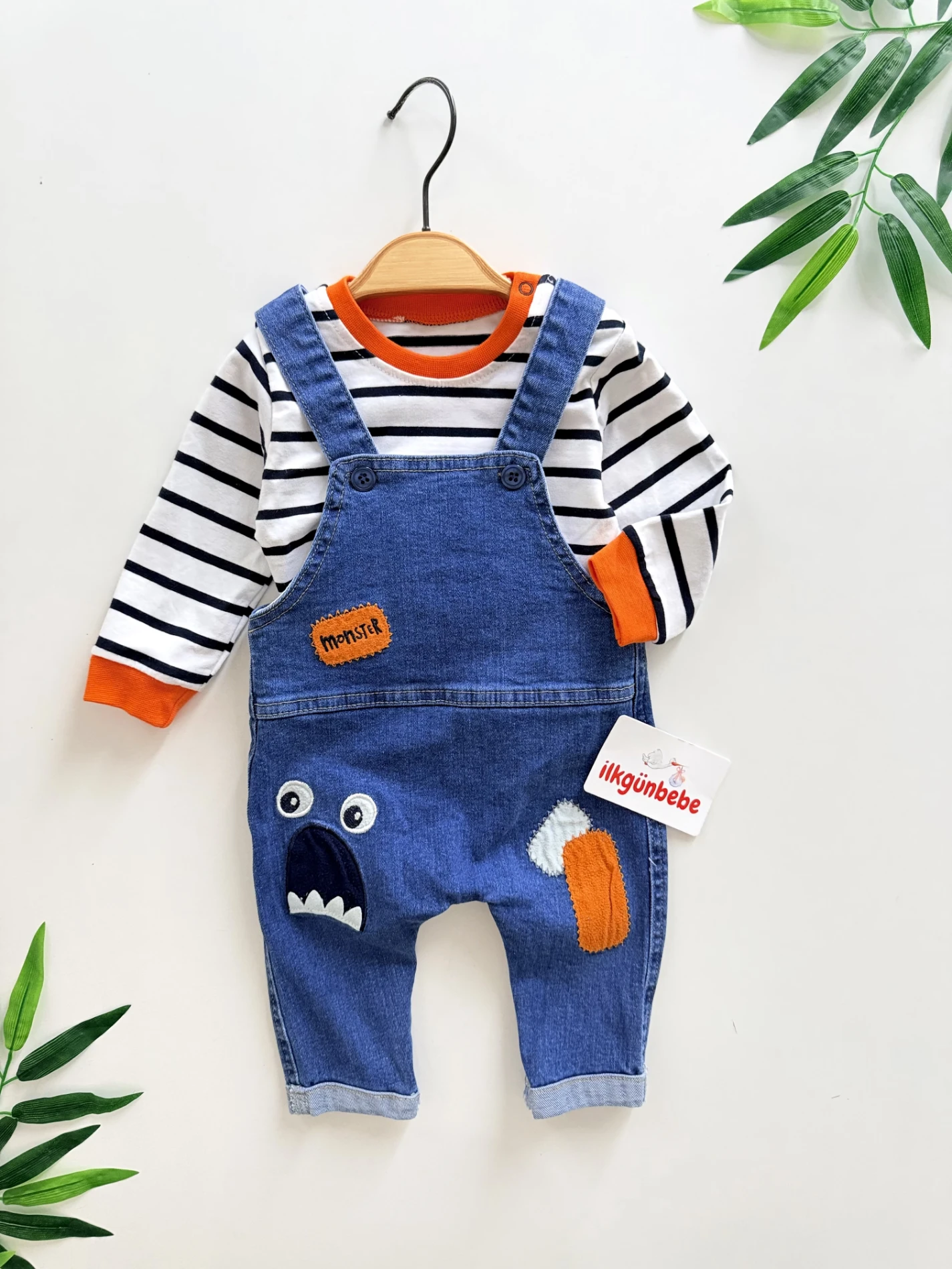 Monster Likralı Esnek Kot Kumaş Salopet & Çizgili Body