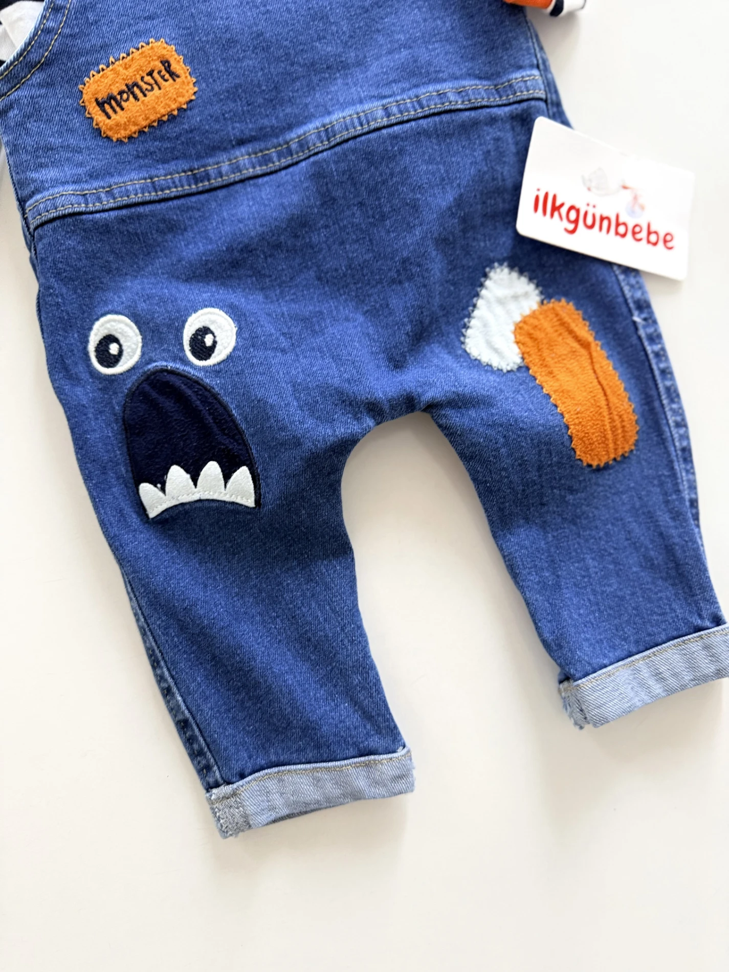 Monster Likralı Esnek Kot Kumaş Salopet & Çizgili Body