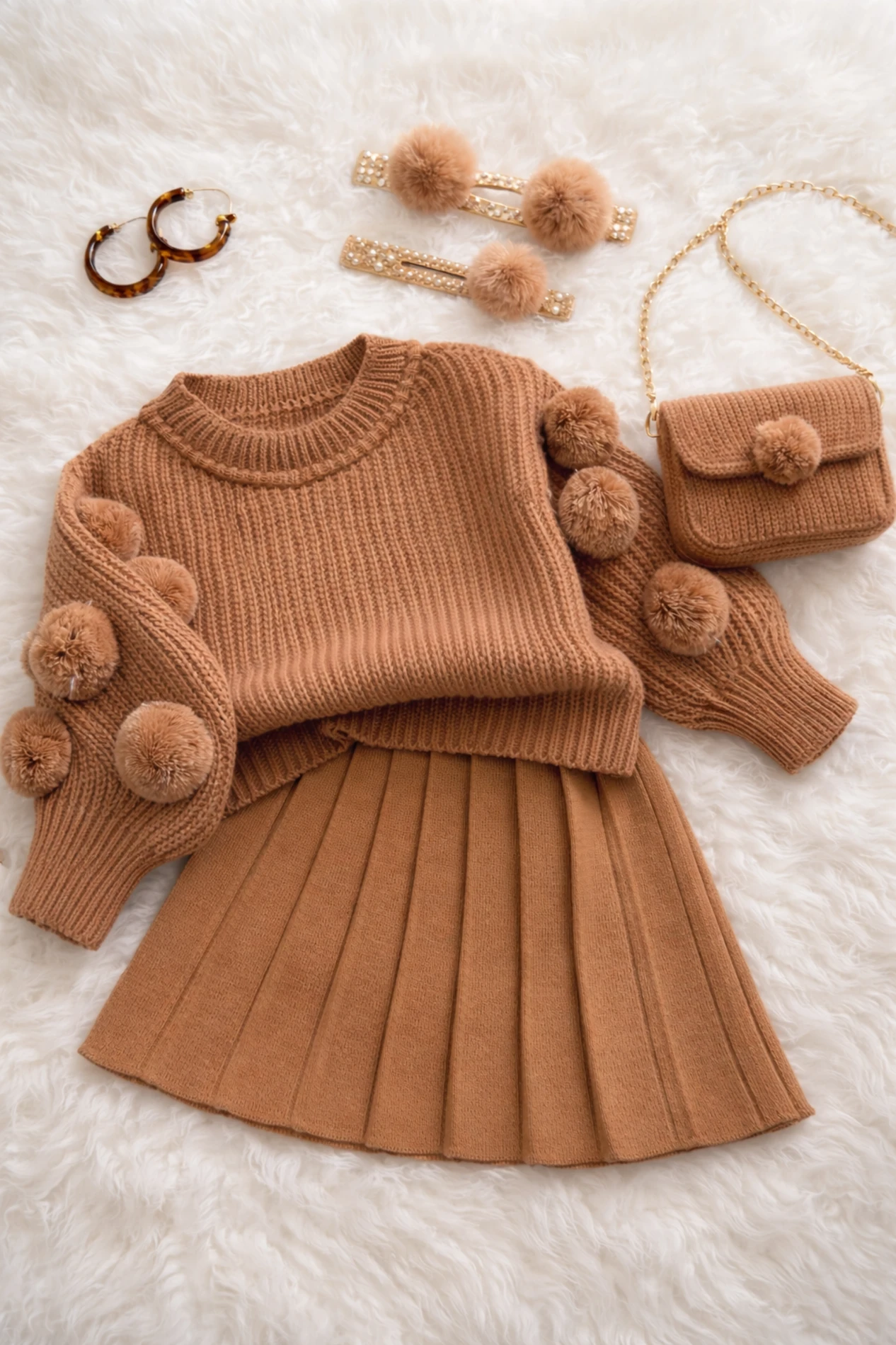 Selanik Örgüsü Kumaşlı Ponpon  Detaylı Bandanalı Triko Etekli 3’lü  Takım