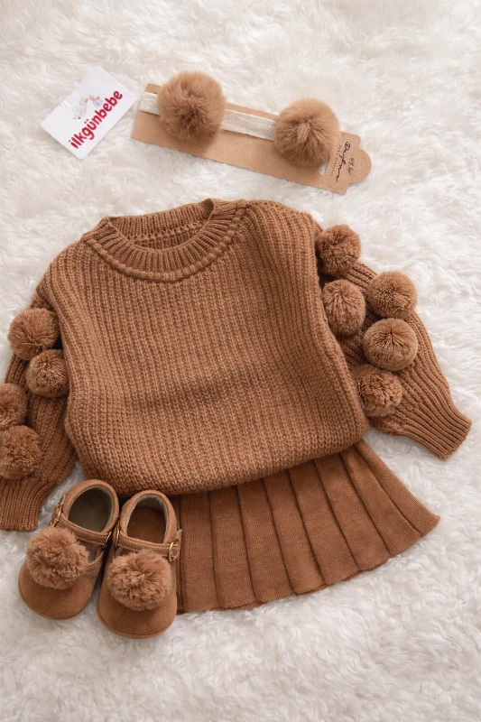 Selanik Örgüsü Kumaşlı Ponpon  Detaylı Bandanalı Triko Etekli 3’lü  Takım