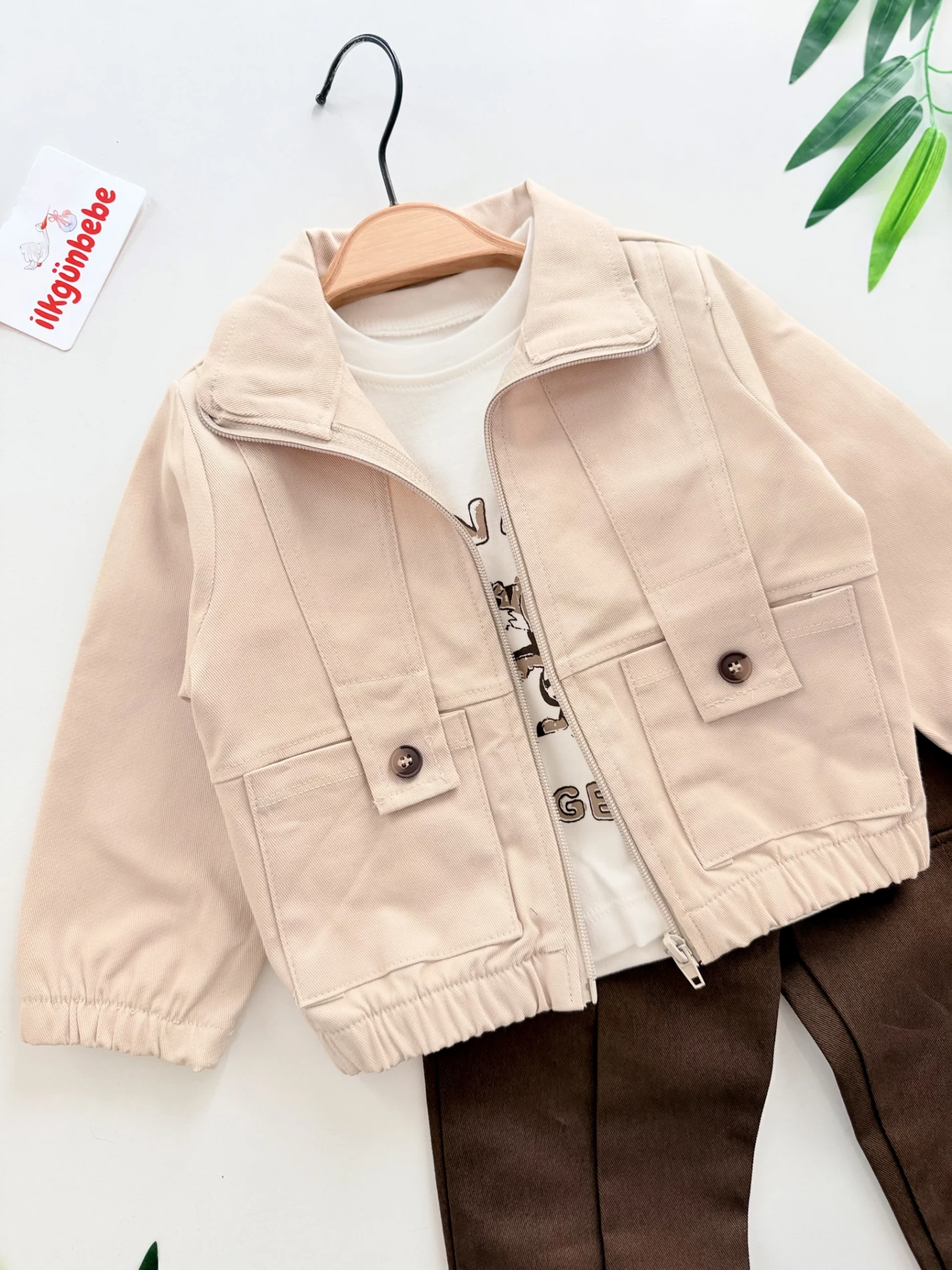 Bej Bomber Ceketli & Kahverengi Pantolonlu 3'lü Takım