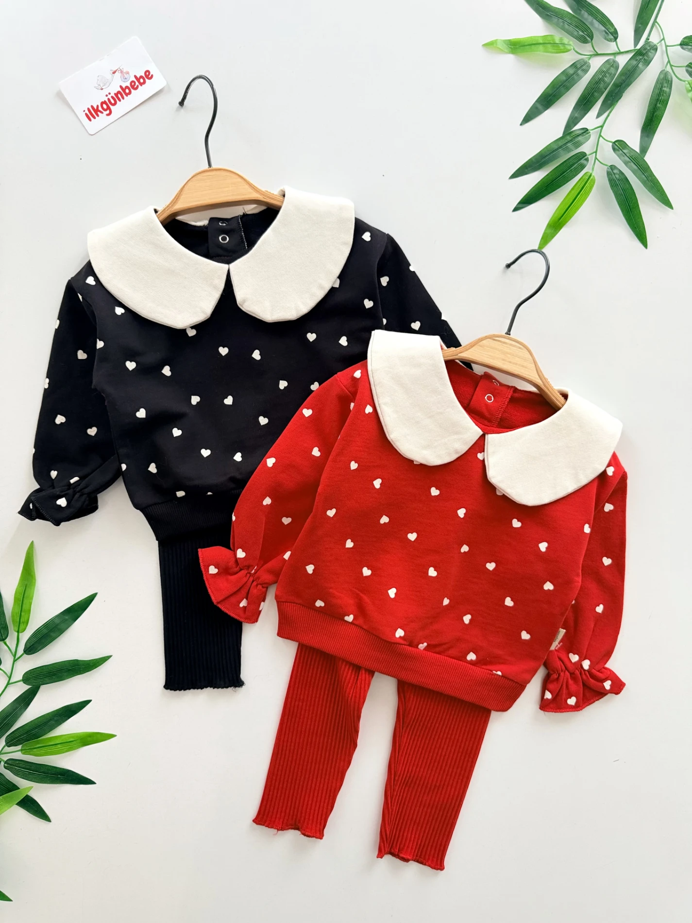 Kalp Desenli Yaka Detaylı %100 Pamuk 2’li Takım