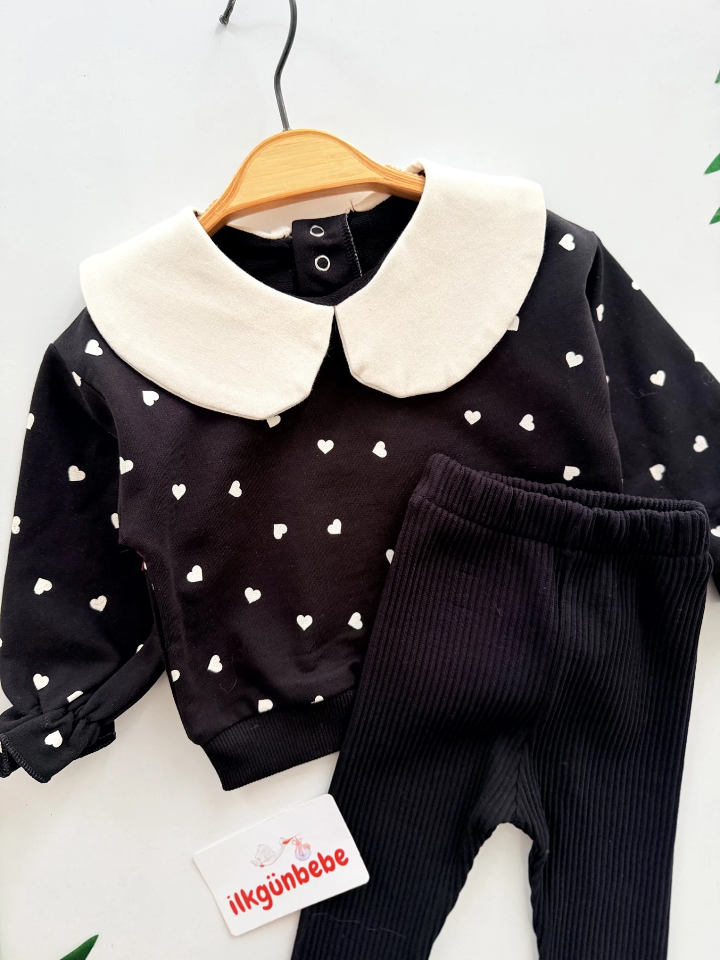 Kalp Desenli Yaka Detaylı %100 Pamuk 2’li Takım