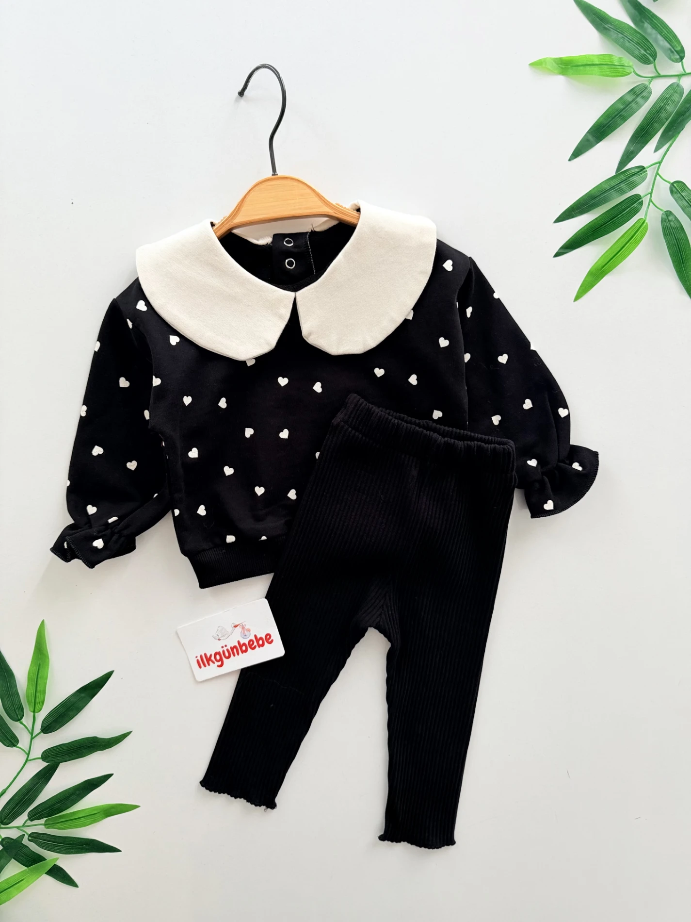 Kalp Desenli Yaka Detaylı %100 Pamuk 2’li Takım