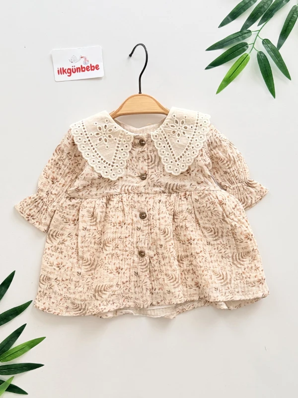 Çiçek Desenli Astarlı  Yakalı  Vintage Bebek Elbisesi