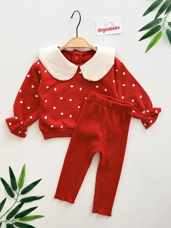 Kalp Desenli Yaka Detaylı %100 Pamuk 2’li Takım