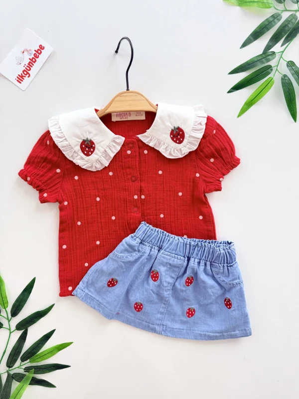 Çilek Desenli Müslin Gömlekli Kot Etekli Takım