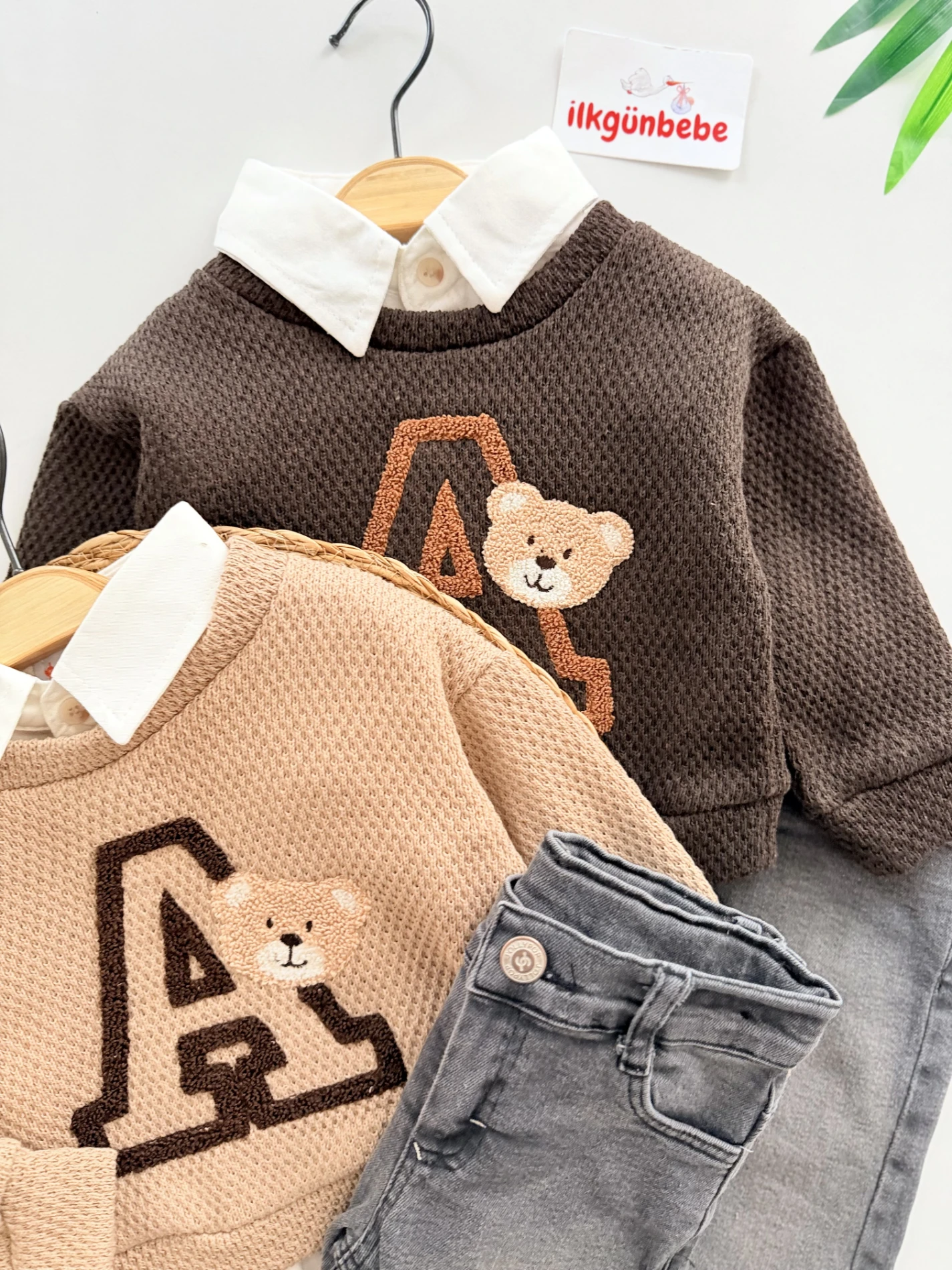 Gömlekli Ayıcık Nakışlı   - Jean Pantolonlu 3’lü Kombin