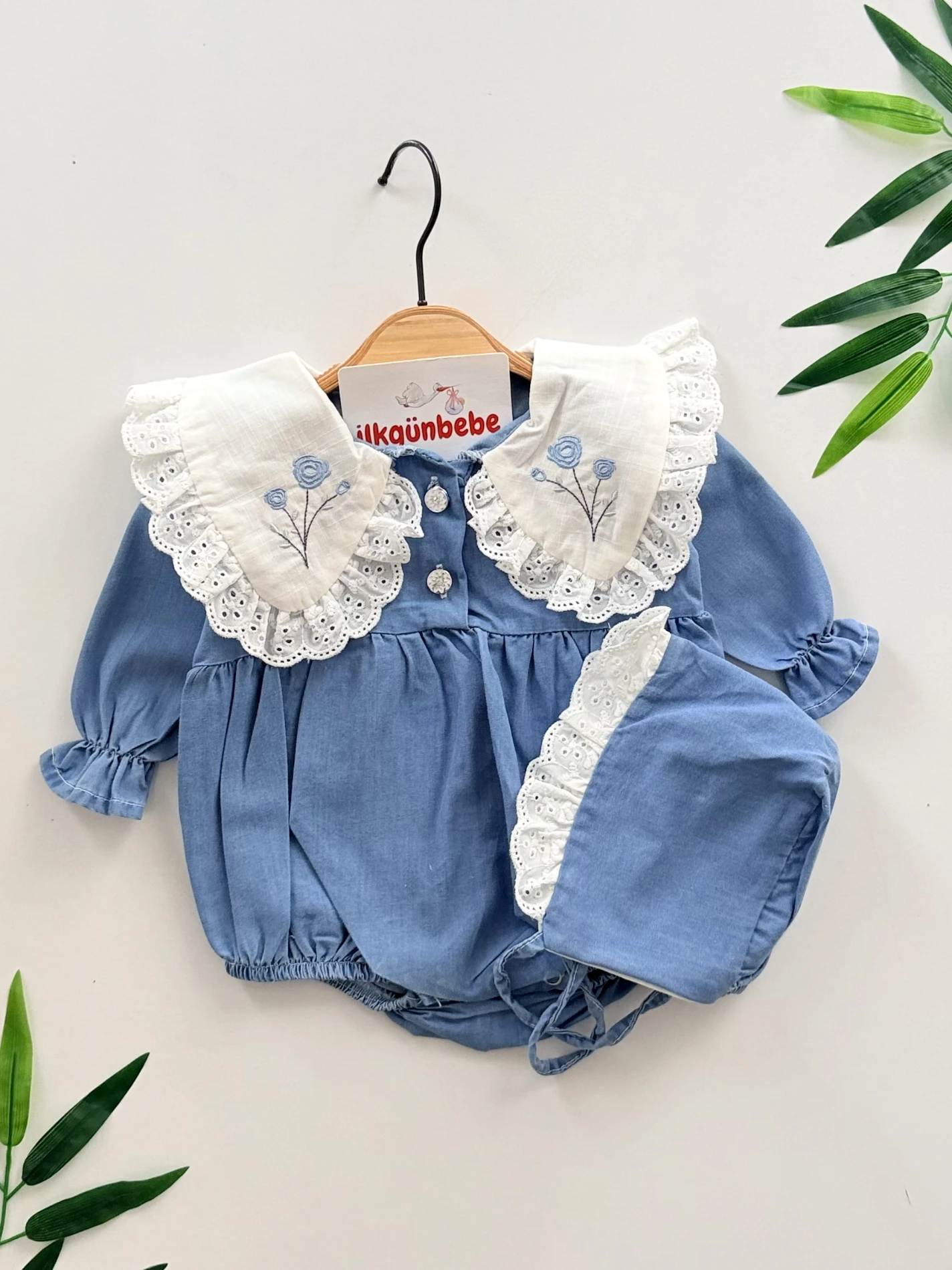 Fisto Çiçek Nakışlı Dantel Detaylı & Şapka Romper Set