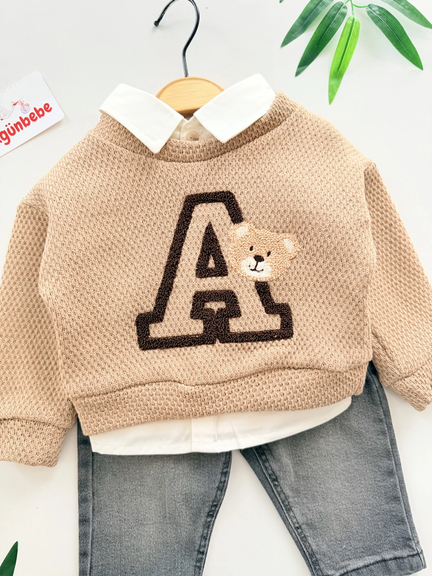 Gömlekli Ayıcık Nakışlı   - Jean Pantolonlu 3’lü Kombin