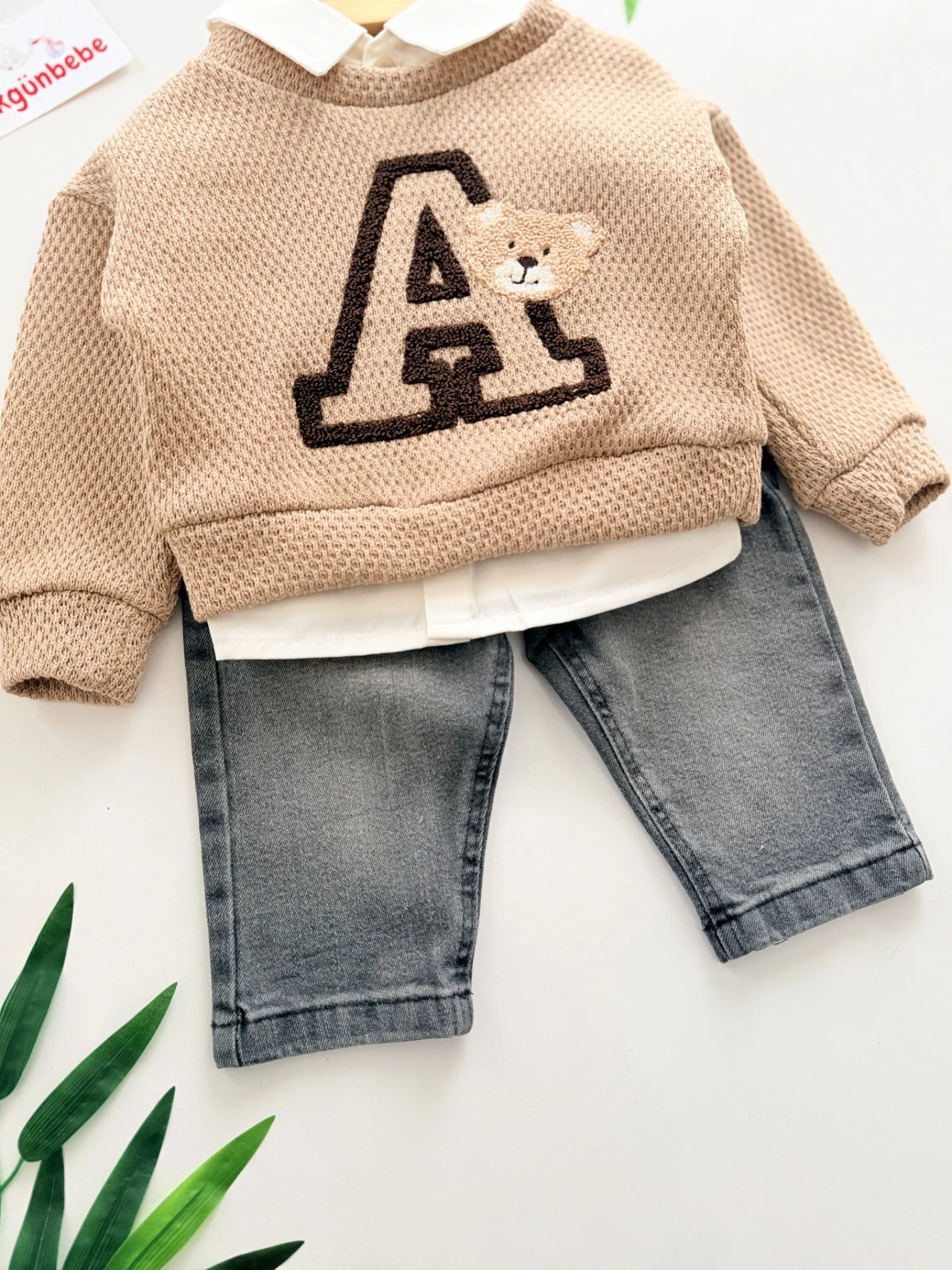 Gömlekli Ayıcık Nakışlı   - Jean Pantolonlu 3’lü Kombin