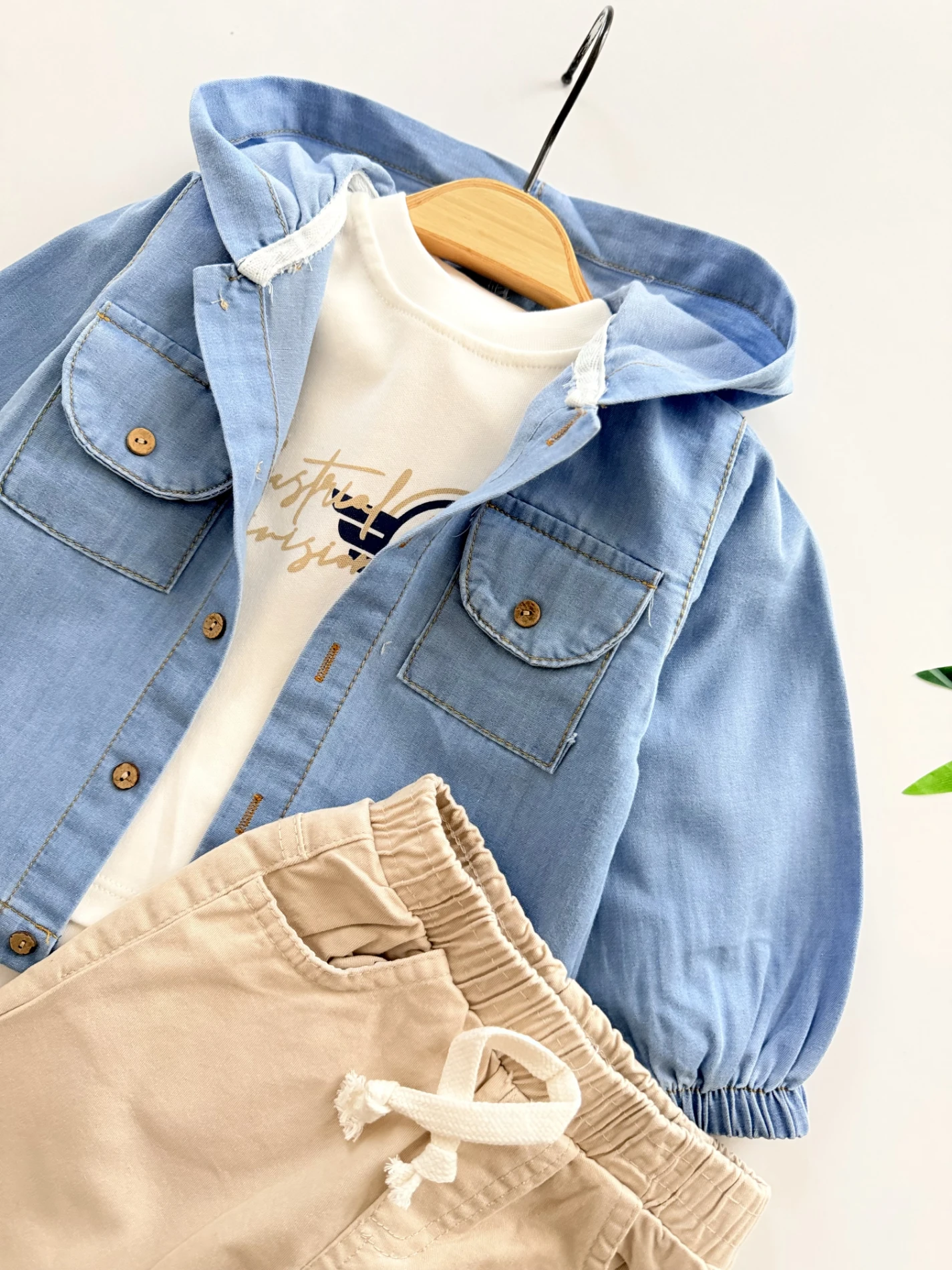 Kot Gömlekli Kapüşonlu Bodyli Pantalonlu 3’lü Takım