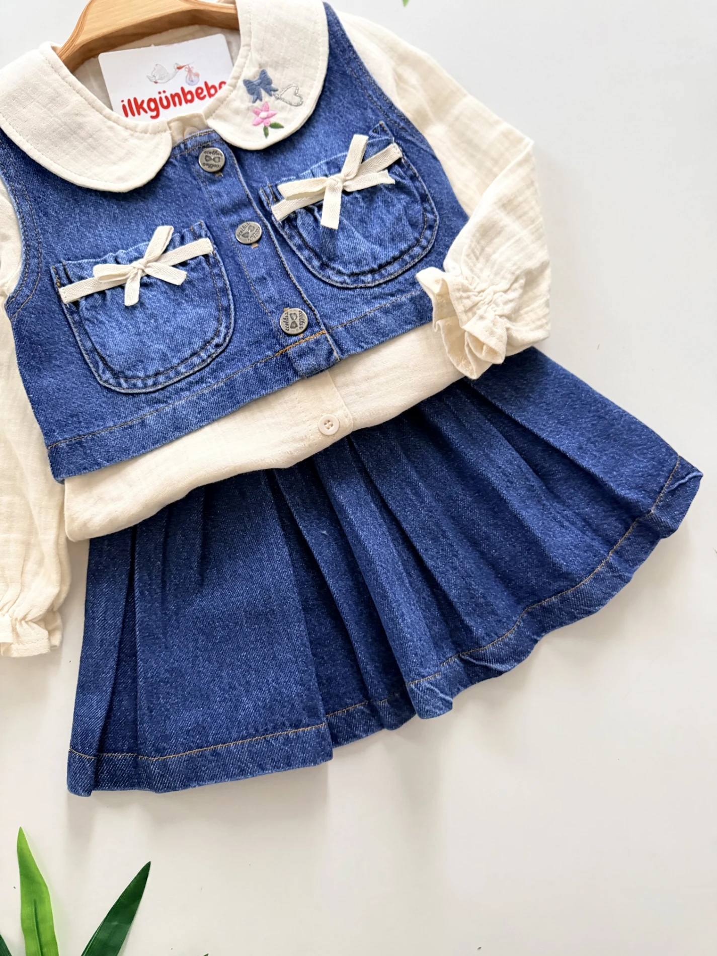 Mini Yelekli Müslin Gömlekli Etekli 3’lü Kot Takım