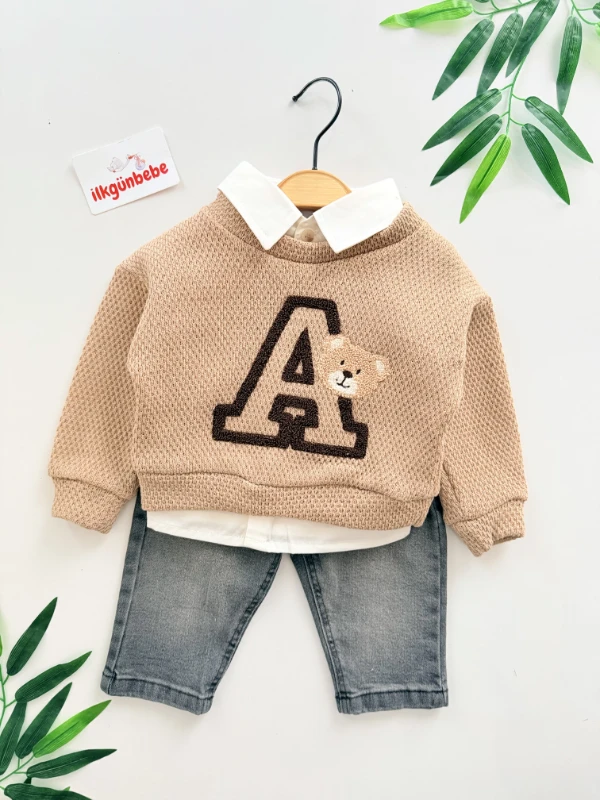 Gömlekli Ayıcık Nakışlı   - Jean Pantolonlu 3’lü Kombin