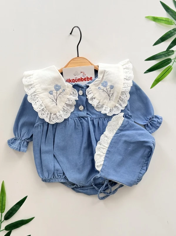 Fisto Çiçek Nakışlı Dantel Detaylı & Şapka Romper Set