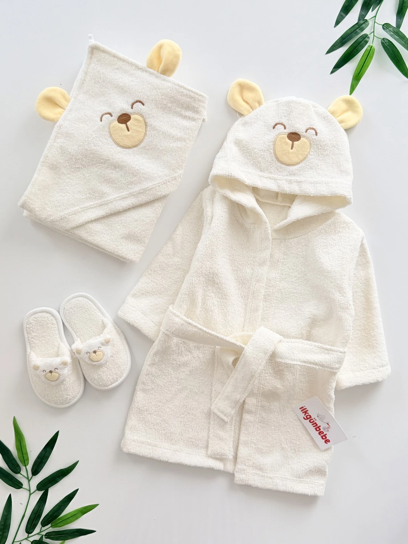   %100 Pamuk Organik Terlikli 3 Parça Bornoz Seti