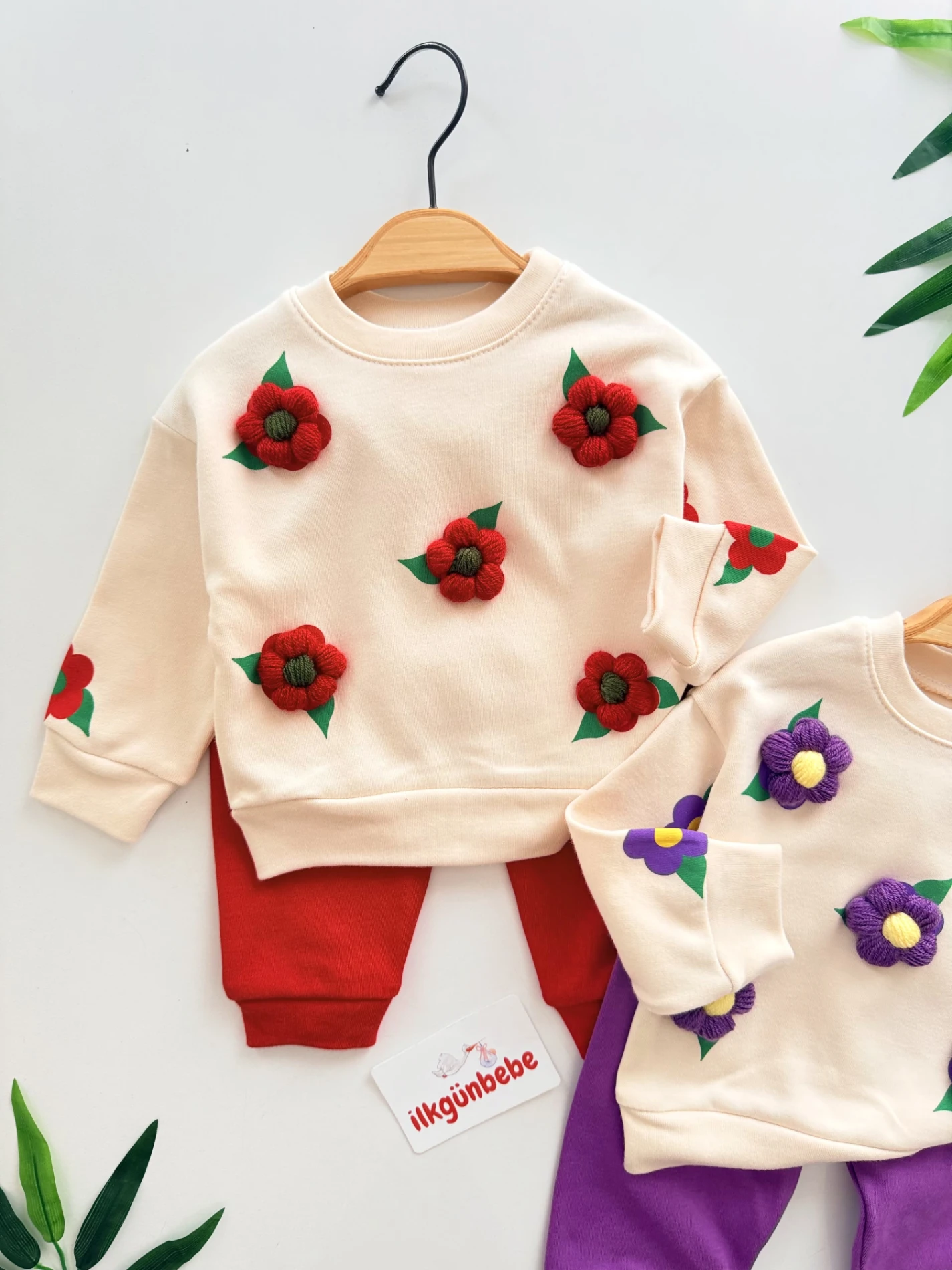 Çiçek Kabartma Nakışlı %100 Pamuk 2’li Takım