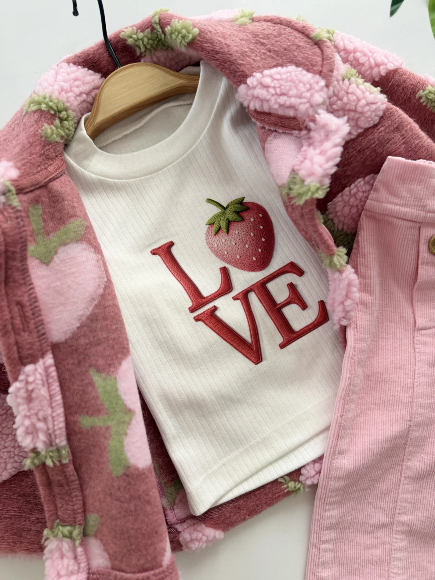 Çilek Peluş Montlu Kadife Pantalonlu Bodyli 3’lü Takım